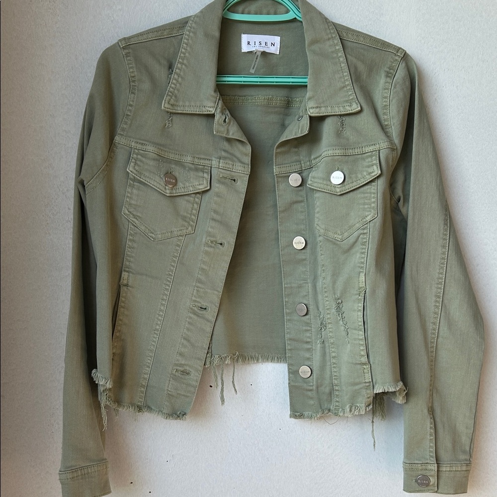 Risen Olive Green Distressed Denim Jacket - Women